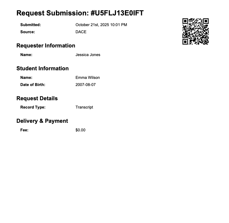 Printable submission receipt with QR