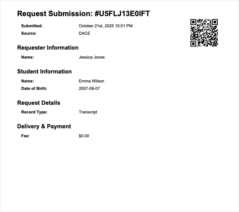 Printable submission receipt with QR