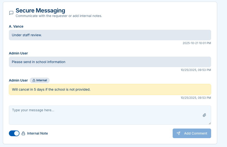 Secure Messaging with internal note toggle
