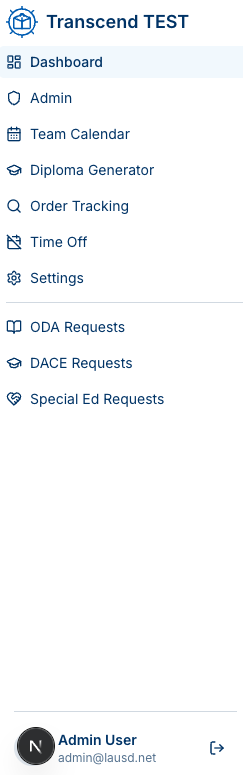 Admin sidebar with Dashboard, Admin, Team Calendar, Diploma Generator, Order Tracking, Time Off, Settings, and division queues