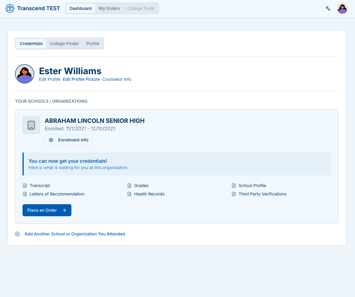 Dashboard with school profile and Place an Order
