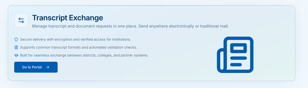 Transcript Exchange landing card on the portal