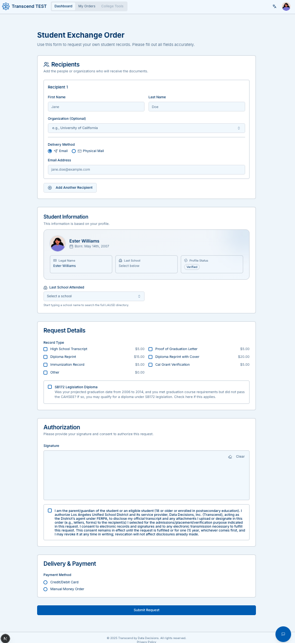 Student Exchange Order form with all sections