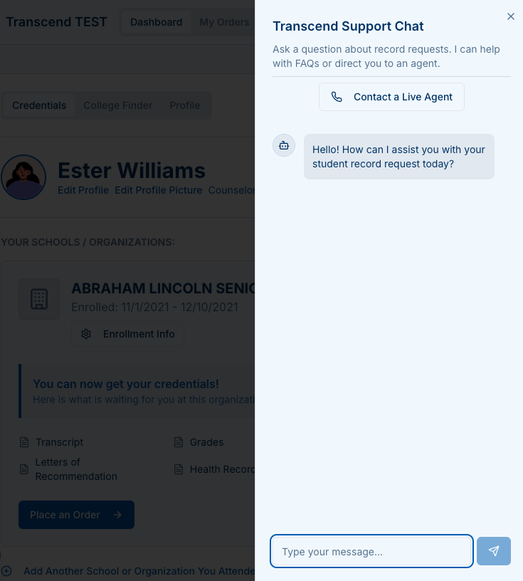 Help panel with Contact a Live Agent and chat