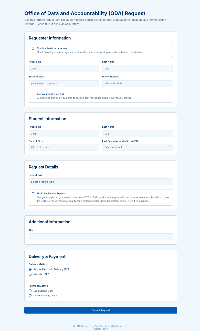 ODA request form with requester information, student information, and delivery & payment sections