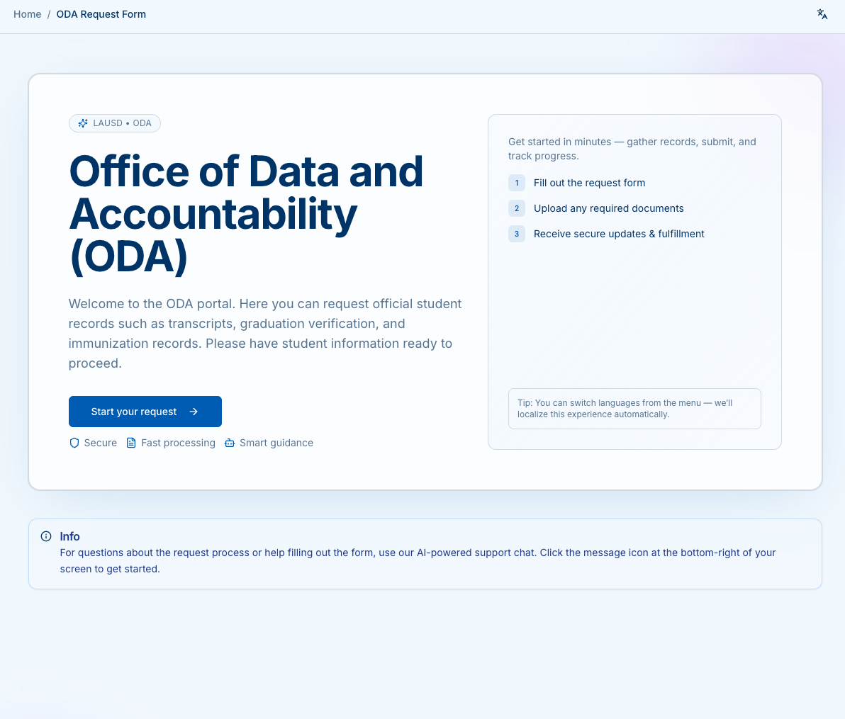 ODA portal landing page with Start your request button