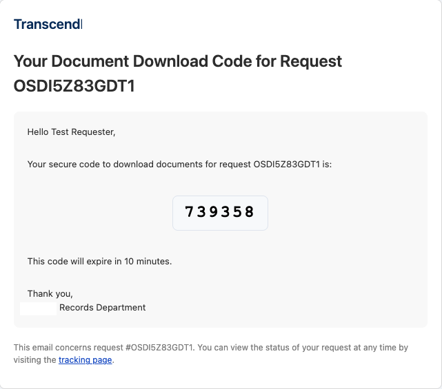 Email containing the 6-digit document download code