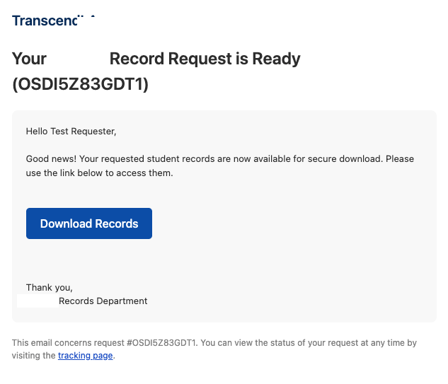 Email notifying that records are ready with a Download button