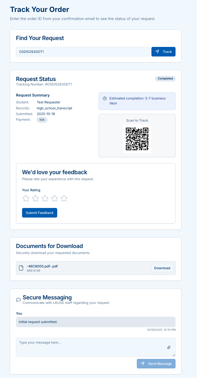 Completed request page with documents list, feedback form, and secure messaging