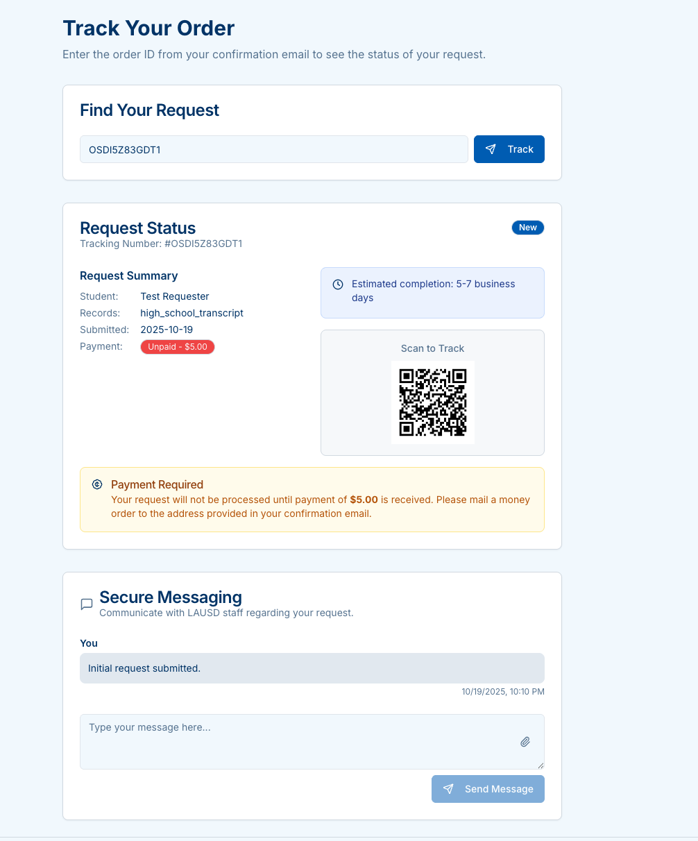 Tracking page showing unpaid payment alert and QR for quick access