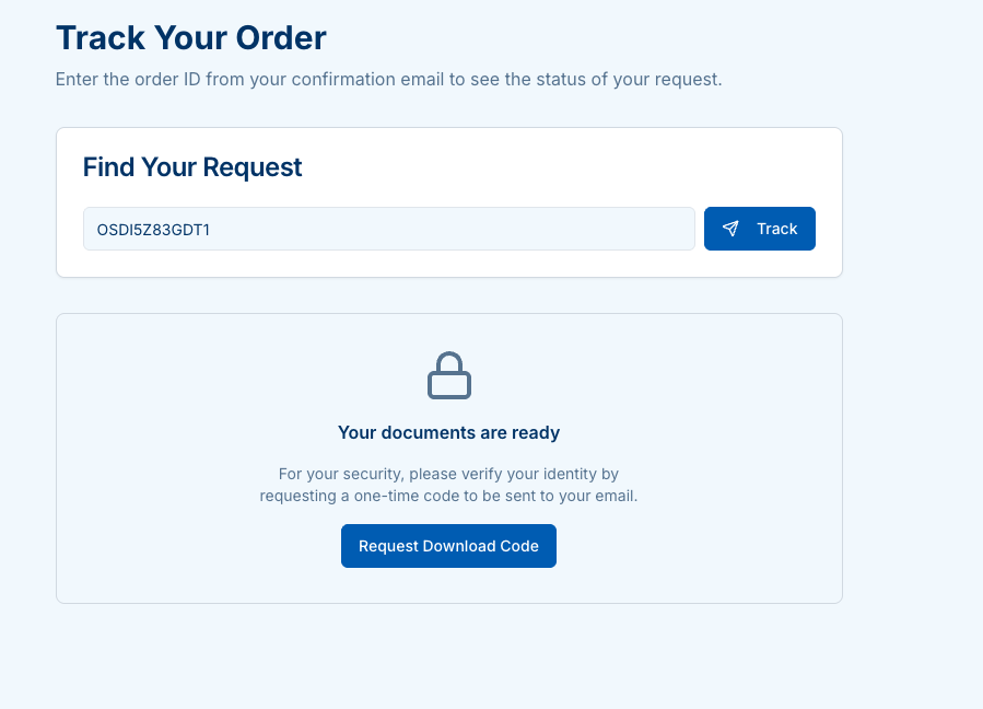 Tracking page shows 'Your documents are ready' and Request Download Code button